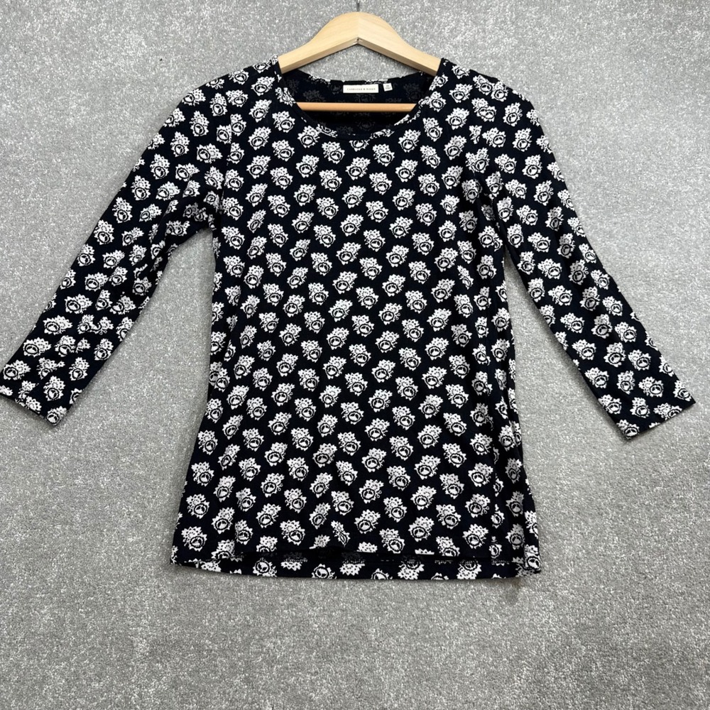 Cabbages & Roses Uniqlo Black White Floral Cotton 3/4 Sleeve Top XS EUC Cottage